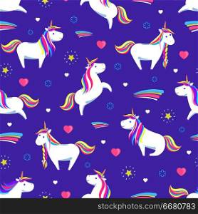 Unicorn magic creatures seamless pattern on purple background vector. Posing horse with horn on head and rainbow hair. Floral elements with stars. Unicorn Magic Creatures Seamless Pattern Vector