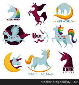 Unicorn magic horse logo templates. Vector icons set of mythic dark unicorn running on rainbow with golden stars and moon silhouette. Unicorn magic horse vector rainbow icons