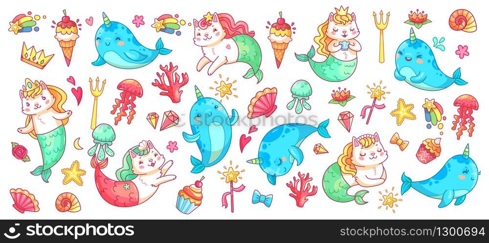 Unicorn narwhal and mermaid cat. Vector illustration set. Magic fantasy animal, mythological mermaid cat. funny myth, ice cream and fish. Unicorn narwhal and mermaid cat. Vector illustration set