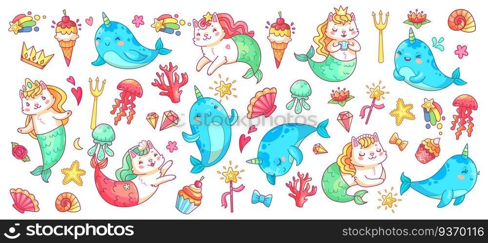 Unicorn narwhal and mermaid cat. Vector illustration set. Magic fantasy animal, mythological mermaid cat. funny myth, ice cream and fish. Unicorn narwhal and mermaid cat. Vector illustration set