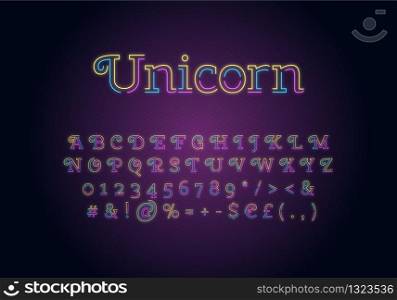 Unicorn neon light font template. Multicolor illuminated vector alphabet set. Bright capital letters, numbers and symbols with outer glowing effect. Nightlife typography. Childish typeface design