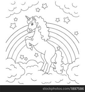 Unicorn on a cloud. Coloring book page for kids. Cartoon style character. Vector illustration isolated on white background.