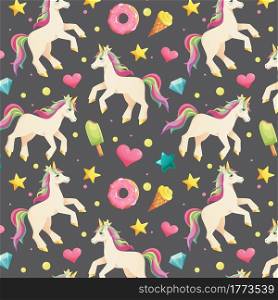 Unicorn on dark background seamless pattern with ice cream, donate, crystals and stars. Great for greeting card, party, baby birthday, invitation template. Cartoon vector illustration.