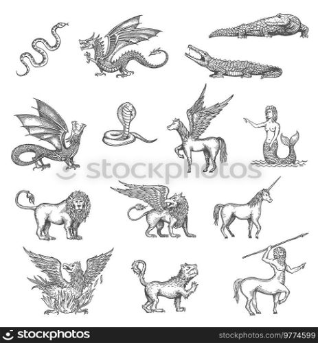 Unicorn, phoenix, dragon and Pegasus, minotaur or lion mermaid animal vector sketch. Crocodile, snake, griffin and werewolf, gryphon and centaur in sketch, fantastic mythology animal creatures. Unicorn, phoenix, dragon, Pegasus animlas sketch