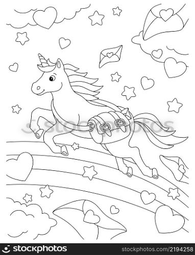 Unicorn postman delivers letters. Coloring book page for kids. Valentine&rsquo;s Day. Cartoon style character. Vector illustration isolated on white background.
