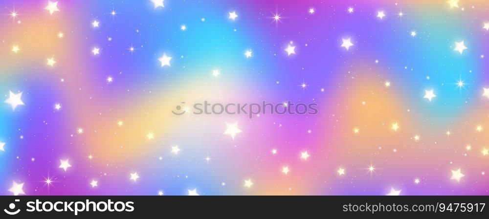 Unicorn rainbow background. Magic pastel gradient with glitter and stars. Cute holographic sky. Fairy fantasy wallpaper with iridescent texture. Vector cosmic illustration.. Unicorn rainbow background. Magic pastel gradient with glitter and stars. Cute holographic sky. Fairy fantasy wallpaper with iridescent texture. Vector cosmic illustration