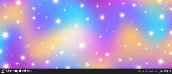 Unicorn rainbow background. Magic pastel gradient with glitter and stars. Cute holographic sky. Fairy fantasy wallpaper with iridescent texture. Vector cosmic illustration.. Unicorn rainbow background. Magic pastel gradient with glitter and stars. Cute holographic sky. Fairy fantasy wallpaper with iridescent texture. Vector cosmic illustration