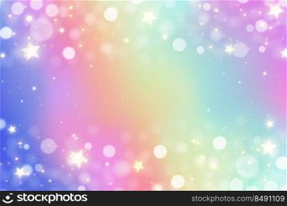 Unicorn rainbow glitter background with sparkles in pastel colors. Iridescent watercolor design. Gradient hologram with stars and bokeh. Vector illustration. Unicorn rainbow glitter background with sparkles in pastel colors. Iridescent watercolor design. Gradient hologram with stars and bokeh. Vector illustration.