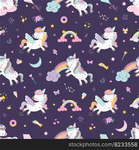 Unicorn seamless pattern, kids texture for clothes. Childish magic fairy tale background with unicorns and rainbows. Nowaday decorative vector print. Illustration of unicorn seamless background. Unicorn seamless pattern, kids texture for clothes. Childish magic fairy tale background with unicorns and rainbows. Nowaday decorative vector print