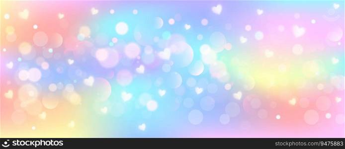 Unicorn sky with hearts and bokeh. Magic rainbow holographic background. Fantasy kawaii wallpaper. Abstract fairy landscape. Vector neon universe.. Unicorn sky with hearts and bokeh. Magic rainbow holographic background. Fantasy kawaii wallpaper. Abstract fairy landscape. Vector neon universe