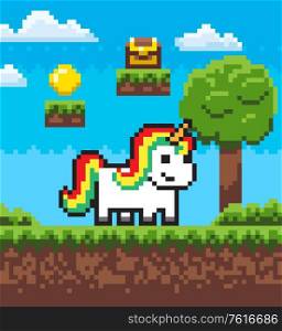 Unicorn standing on grass, award sign coin and box on ground steps, fairytale character outdoor, interface of adventure pixel game with horse vector, pixelated park with animal. Fairytale Pixel Game, Unicorn Superhero Vector