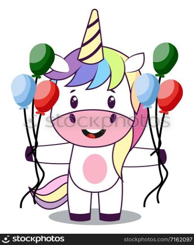 Unicorn with balloons, illustration, vector on white background.