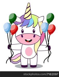 Unicorn with balloons, illustration, vector on white background.