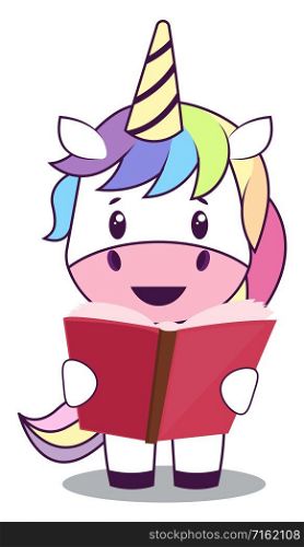 Unicorn with book, illustration, vector on white background.