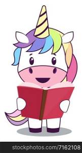 Unicorn with book, illustration, vector on white background.
