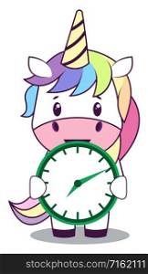 Unicorn with clock, illustration, vector on white background.