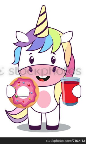 Unicorn with donut, illustration, vector on white background.