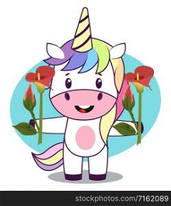 Unicorn with flowers, illustration, vector on white background.