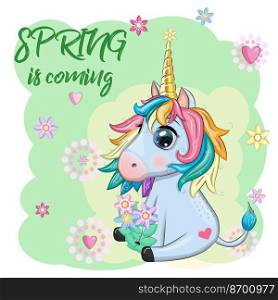 Unicorn with flowers, in a wreath, spring is coming, postcard for the holiday of spring. Unicorn with flowers, in a wreath, spring is coming, postcard for the holiday of spring.
