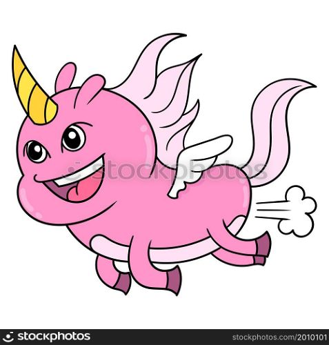 unicorn with horns and wings is flying happily