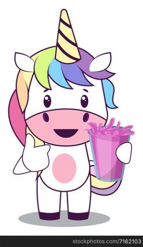 Unicorn with juice, illustration, vector on white background.
