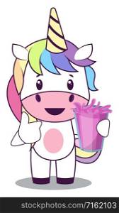 Unicorn with juice, illustration, vector on white background.