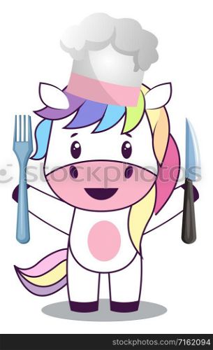 Unicorn with knife, illustration, vector on white background.