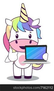Unicorn with laptop, illustration, vector on white background.