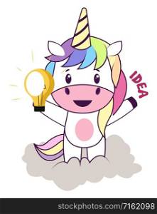 Unicorn with lightbulb, illustration, vector on white background.