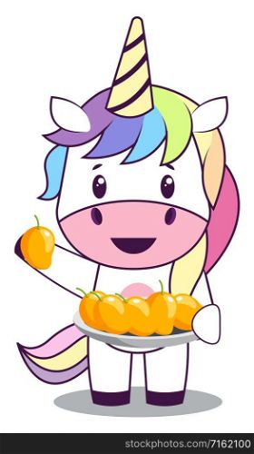Unicorn with mangos, illustration, vector on white background.