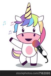 Unicorn with microphone, illustration, vector on white background.