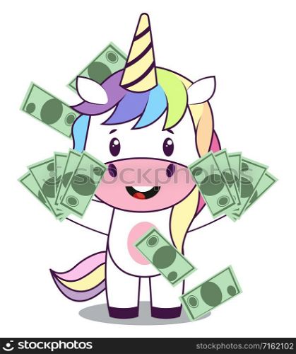 Unicorn with money, illustration, vector on white background.