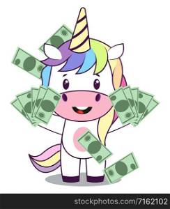Unicorn with money, illustration, vector on white background.