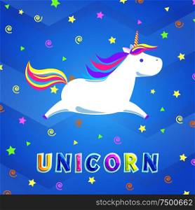 Unicorn with rainbow mane and sharp horn flying in cartoon sky with swirls and stars. Mysterious horse from fairy tales or legends. Childish animal vector. Unicorn with Rainbow Mane and Sharp Horn Flying