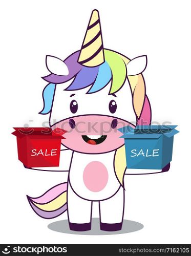 Unicorn with sale box, illustration, vector on white background.