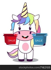 Unicorn with sale box, illustration, vector on white background.