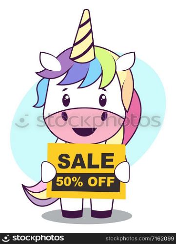 Unicorn with sale sign, illustration, vector on white background.