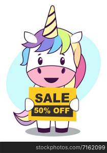 Unicorn with sale sign, illustration, vector on white background.