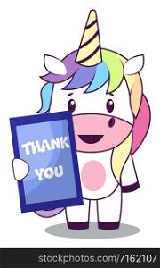 Unicorn with thank you sign, illustration, vector on white background.