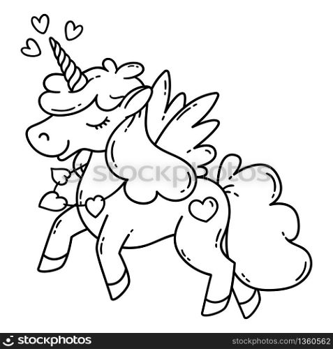 Unicorn with wings and heart. Vector illustration isolated on white background. Coloring for children. Card and shirt design.