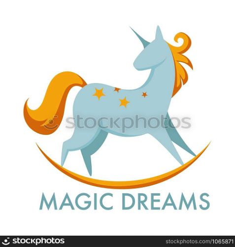 Unicorn with wings and pink tail and mane. Pegasus mythological fantastic creature able to fly, stars on horse having fringe. Stallion isolated on purple circle background vector illustration. Unicorn with wings and pink tail and mane.