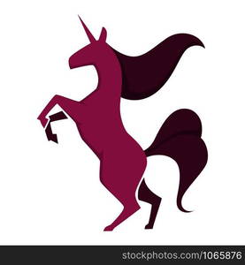 Unicorn with wings and pink tail and mane. Pegasus mythological fantastic creature able to fly, stars on horse having fringe. Stallion isolated on purple circle background vector illustration. Unicorn with wings and pink tail and mane.