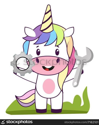 Unicorn with wrench, illustration, vector on white background.