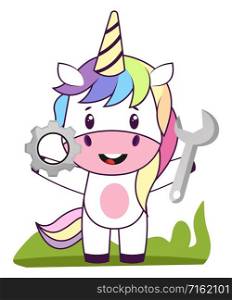 Unicorn with wrench, illustration, vector on white background.