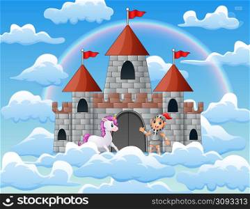 Unicorns and knights in the palace on the clouds