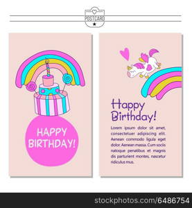 Unicorns. Illustration of happy birthday. Greeting card, invitation, magic birthday. Baby unicorn running on a rainbow. Happy birthday!
