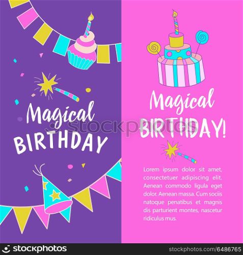 Unicorns. Illustration of happy birthday. Greeting card, invitation, magic birthday. A big beautiful cake with a candle and candy, holiday flags, magic wand.