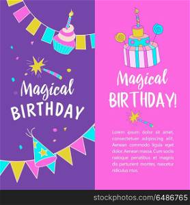 Unicorns. Illustration of happy birthday. Greeting card, invitation, magic birthday. A big beautiful cake with a candle and candy, holiday flags, magic wand.