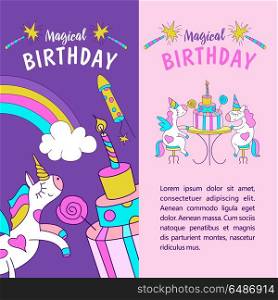 Unicorns. Illustration of happy birthday. Greeting card, invitation, magic birthday. Unicorns sitting at the table with the celebratory big cake.