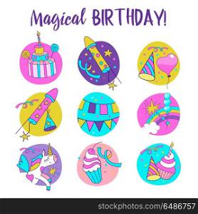 Unicorns. Illustration of happy birthday. Large set of holiday vector elements. Cake with a candle and candies, cakes, rockets for fireworks, the garland with flags, balloons, magical unicorn, cap, serpentine. Magical birthday!